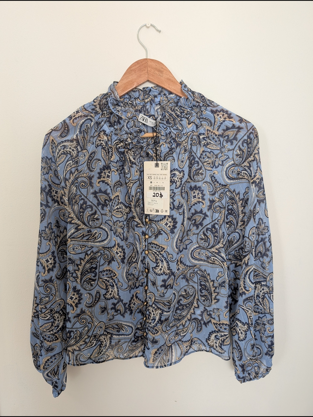 ZARA Blue Paisley Ruffle Neck Blouse